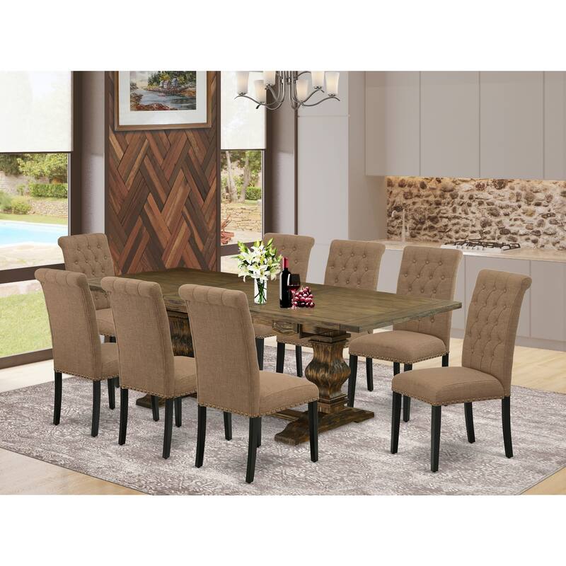 9-Piece Kitchen Dining Set - Rectangular Table & 8 Linen Fabric Chairs - Distressed Jacobean & Black Finish - 92