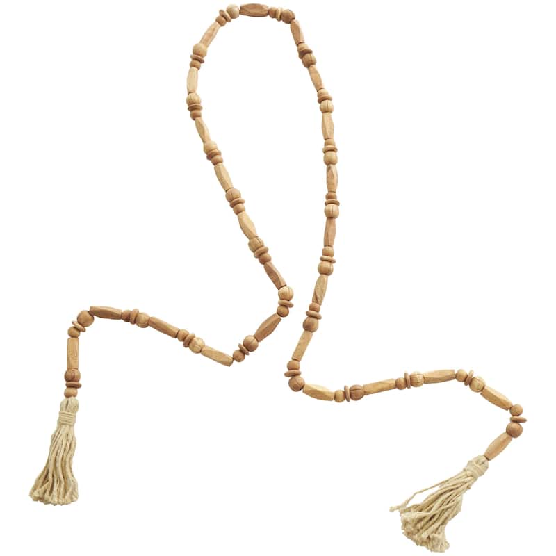 Mango Wood Handmade Rectangle Carved Geometric Long Beaded Garland with Tassel - Brown - Roche River Decor