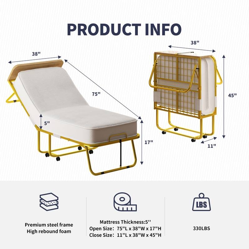 Mixoy Folding Bed with Mattress,Headboard,Dust Cover,Gold Metal Frame