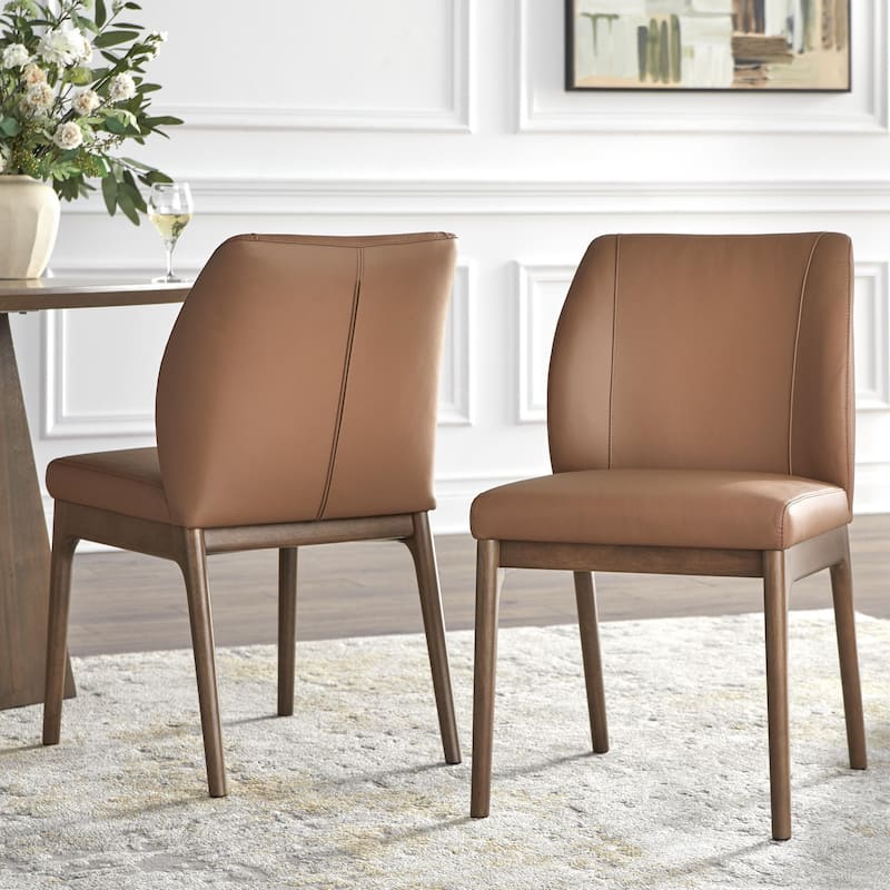 Lifestorey Lisbon Leather Dining Chair (Set of 2) - Set of 2 - Medium Brown /Walnut