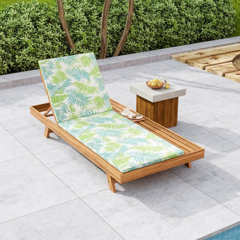 One-sided Open Storage Lounge Chairs Outdoor Patio Acacia Wood Chaise Lounge with Adjustable Backrest & Water-repellent Cushions - 2" Green Leaf Cushions - 1pc