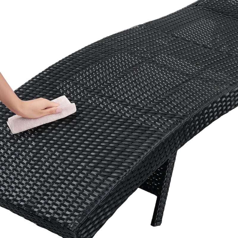 80"Patio Chaise Lounge Chairs Set of 2, Rattan Reclining Chair w/Rolling Wheels & Pull-out Side Table, Adjustable Backrest