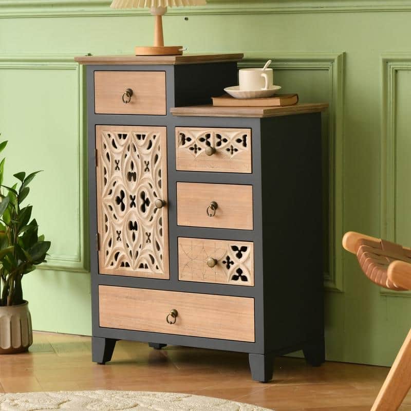 Farmhouse Accent Chest with Carved Door and 5-Drawers