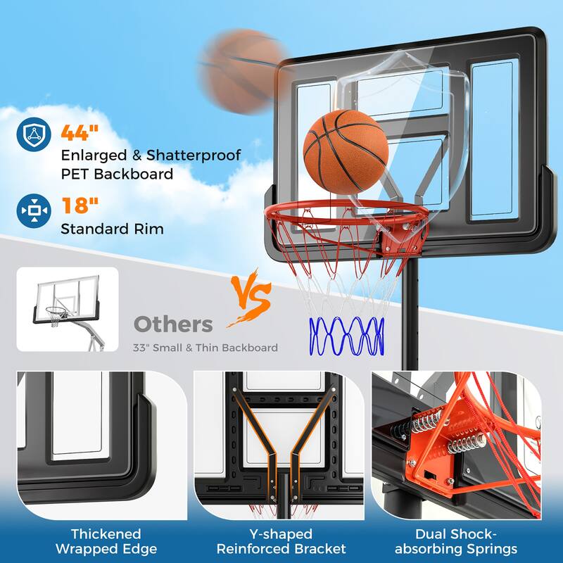 Gymax 4.4-10 FT Portable Basketball Hoop w/ 44'' Shatterproof