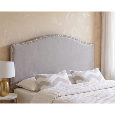 HomeRoots Gray Faux Leather Upholstered Arched Queen Headboard With Nail Head Trim