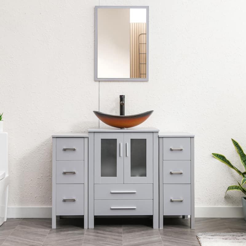 48" Bathroom Vanity Set Vessel Sink Mirror Faucet W/ Small Cabinet Combo - Glass gold boat sink - Grey