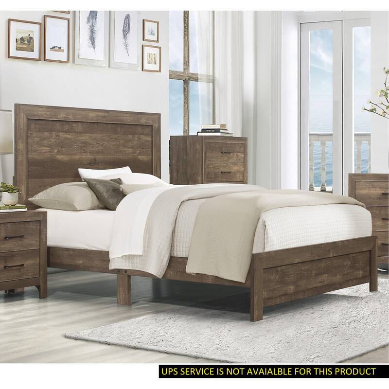 Rustic Brown Queen Size Wooden Bed with Headboard and Footboard