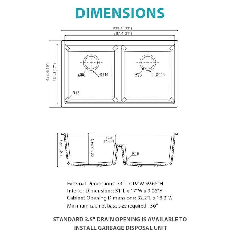 Undermount Double Bowl Quartz Kitchen Sink in White - 33'' x 19'' x 9.65''