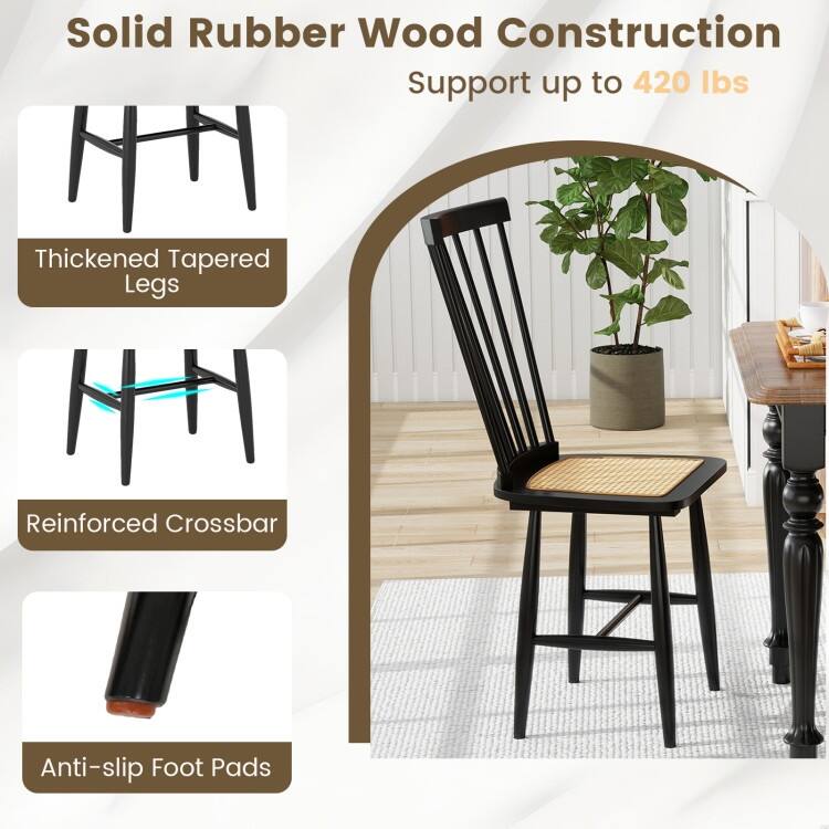 Stylish Windsor Style Dining Chair Set with PE Rattan Seat Ergonomic Spindle Back and Rubber Wood Frame - 21.5" x 16" x 38"