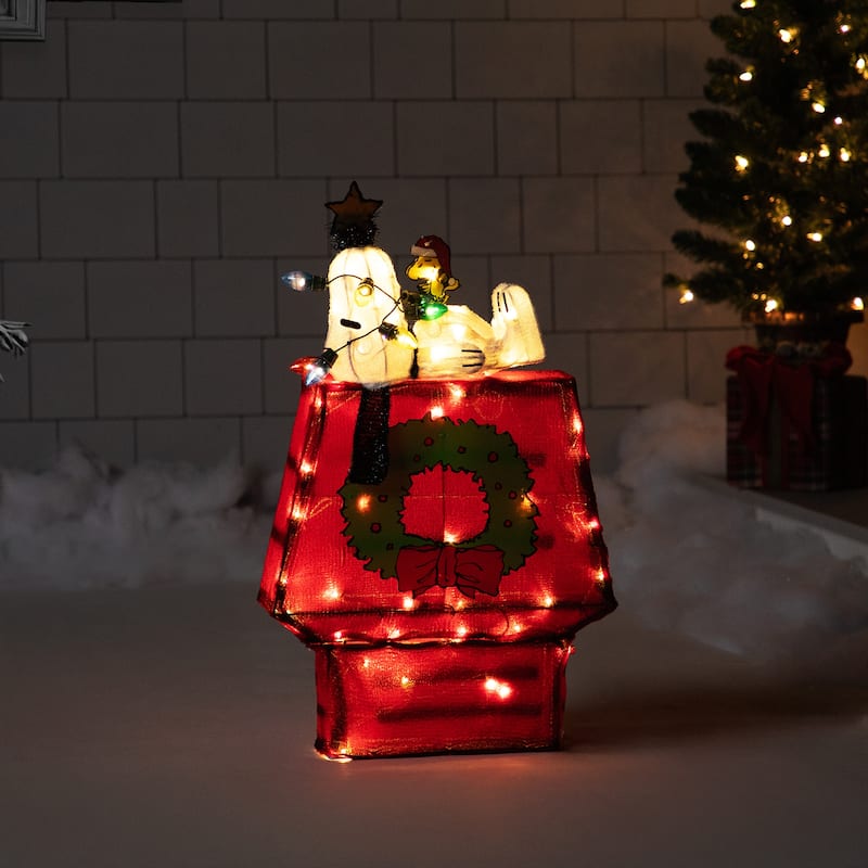 Lighted Snoopy on Dog House Outdoor Christmas Decoration - 18" - Clear Lights - Red