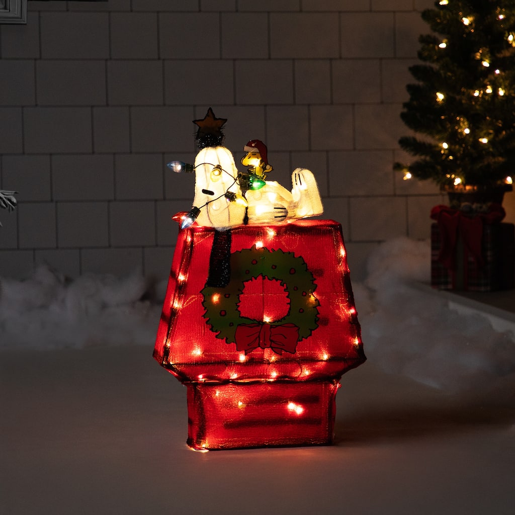 Lighted Snoopy on Dog House Outdoor Christmas Decoration - 18" - Clear Lights - Red