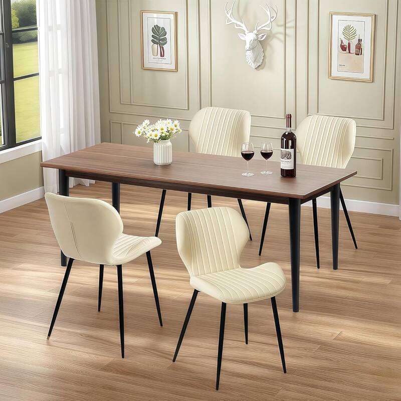 Mid Century Modern Upholstered PU-Dining Chairs with Metal Legs, Set of 2, Beige