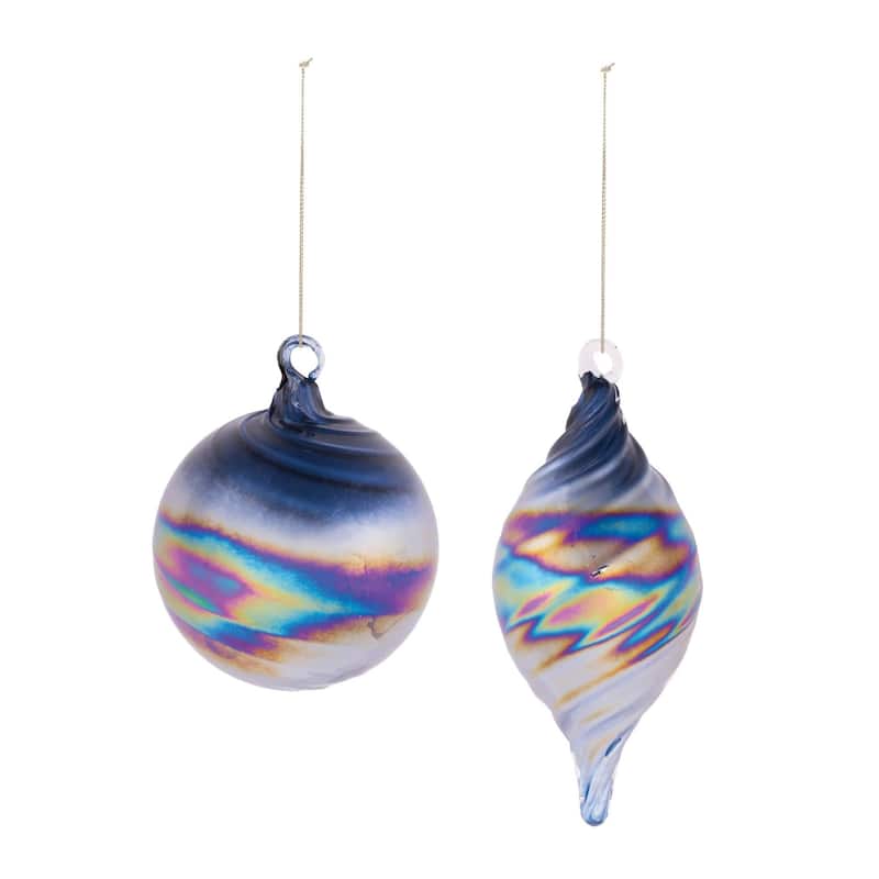 Iridescent Swirled Glass Christmas Ornaments - 4" - Blue - 12ct