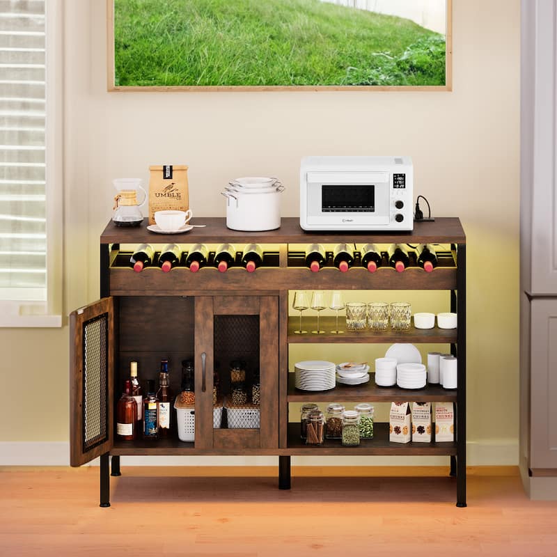 Moasis 47" Wine Bar Cabinet with Power Outlets and LED Lights Industrial Coffee Bar Cabinets - 47.2"L x 15.7"W x 33.4"H - Brown