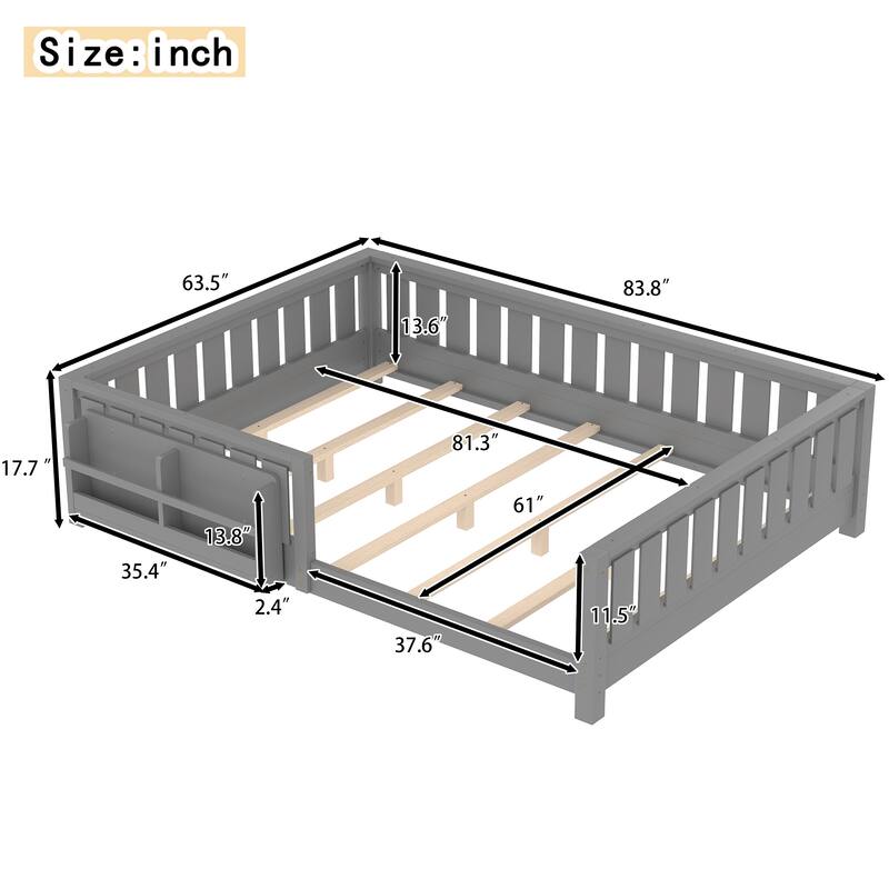 Montessori Floor Bed Low Profile Kids Bed with Rails & Bookshelf