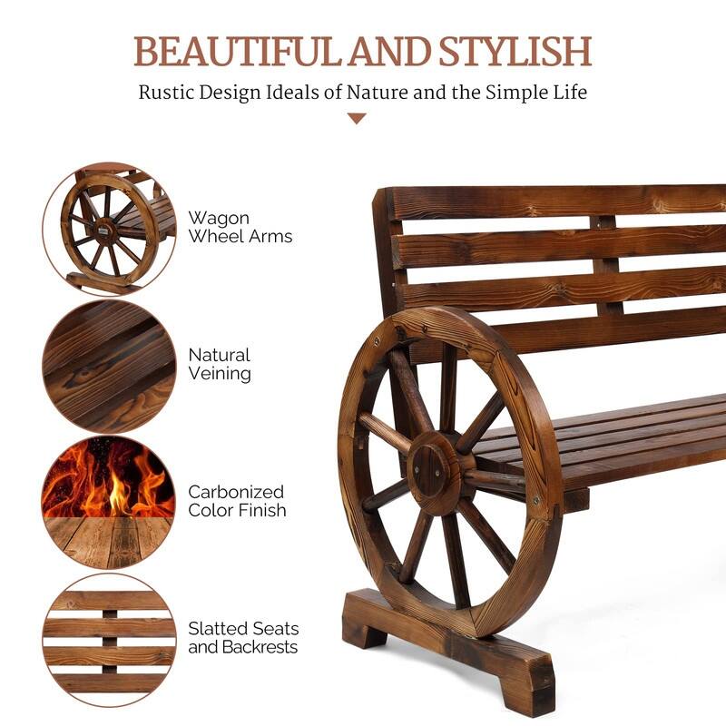 2-Person Wooden Wagon Wheel Bench for Backyard, Patio, Porch, Garden, Outdoor Lounge Furniture