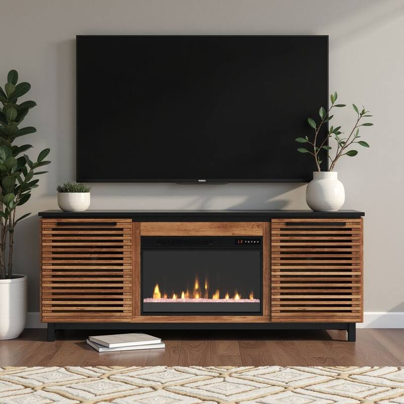 Bridgevine Home Graceland 69 inch Fireplace TV Stand Console for TVs up to 80 inches, Bourbon and Black Finish