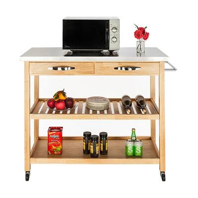 Zimtown 3-Tier Rolling Kitchen Island Utility Wood Serving Cart Stainless Steel Countertop Storage Burlywood