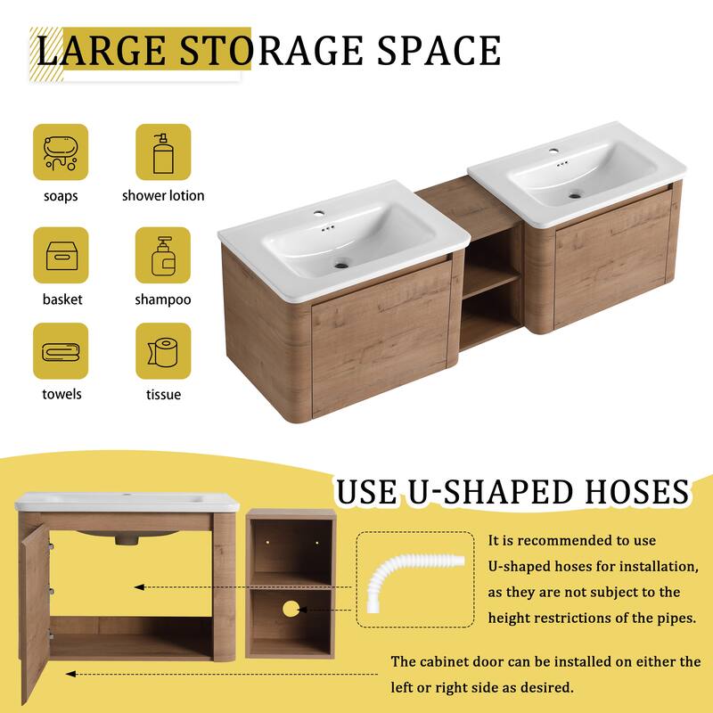 68'' Wall-Mounted Bathroom Vanity with White Ceramic Sink and Storage Shelves & 1-Soft-Close Door, KD-Packing, Plywood