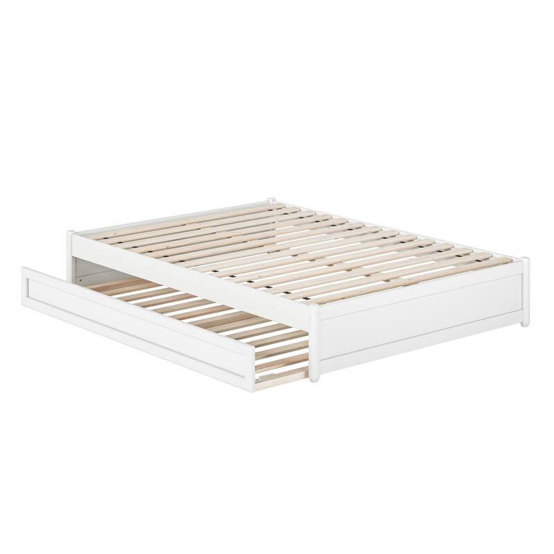 Full Panel Platform Bed w/ Twin Trundle - White Modern Bed Frame & Hidden Storage