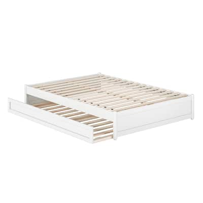 Full Panel Platform Bed w/ Twin Trundle - White Modern Bed Frame & Hidden Storage