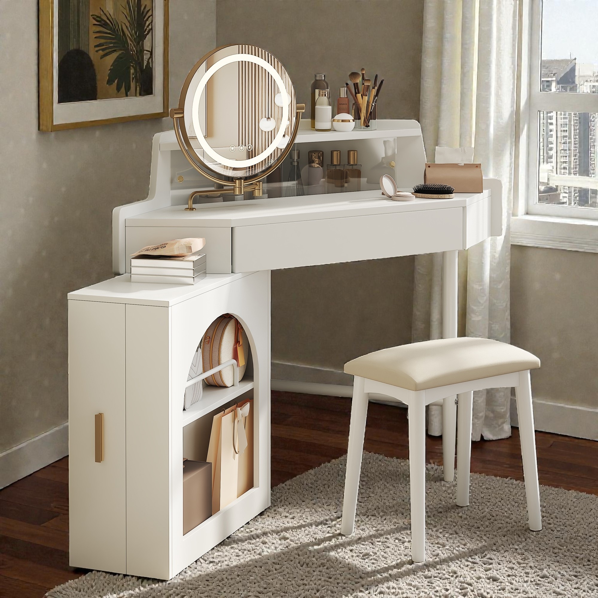 Corner Vanity Desk with 360掳 Rotating LED Mirror, Makeup Dressing Table with Adjustable Lights, Storage Cabinet and Stool