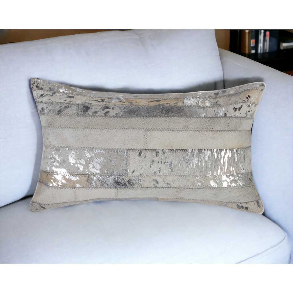 HomeRoots 12" X 20" Gray and Silver Striped Cowhide Lumbar Throw Pillow