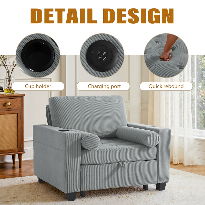 39" Adjustable Recline Convertible Sleeper Accent Chair with USB Port
