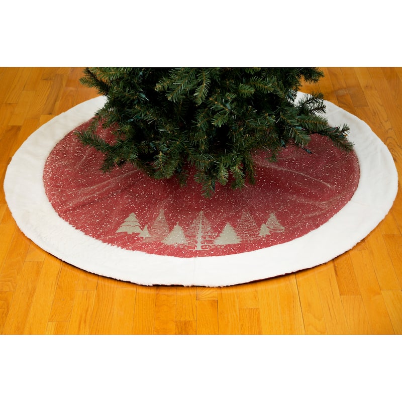 Snow Scene Printed Christmas Tree w/ Faux Fur Trim Christmas Tree skirt, 56-inch - 56 in. - Red - 56 in.
