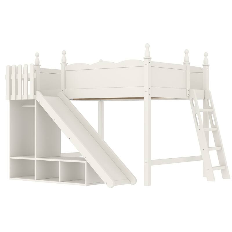 Full Loft Bed with Storage Shelves and Wardrobe, Solid Wood Loft Beds with Detachable Slide and Ladders, No Spring Box Needed