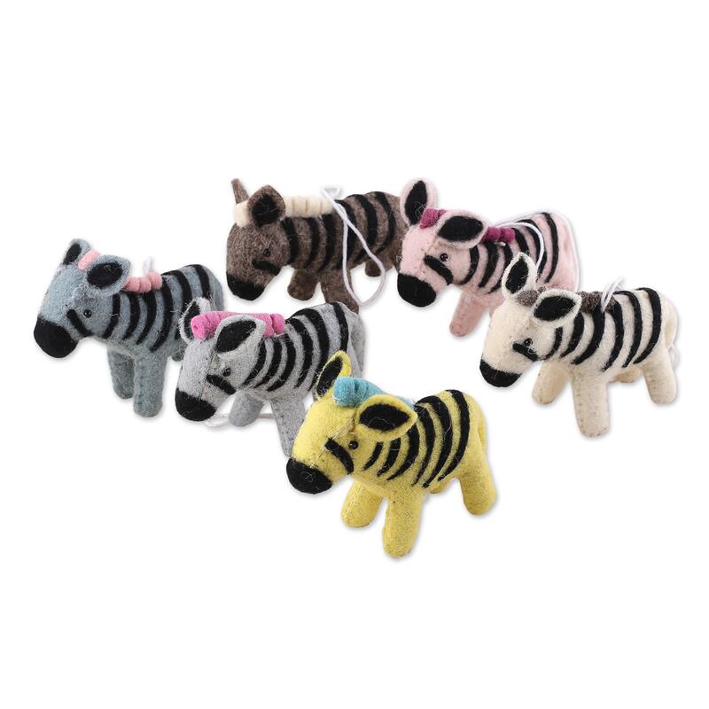 Novica Handmade Zebra Realm Wool Ornaments (Set Of 6)