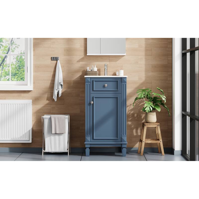 Roomfitters 18 Inch Bathroom Vanity with Ceramic Sink, Freestanding French Style Storage Cabinet & Adjustable Shelf