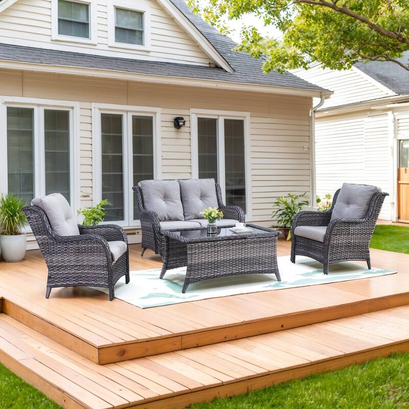 Patio Glider Sofa with 2 Club Chair and Coffee Table - Grey cushion - Grey - Grey
