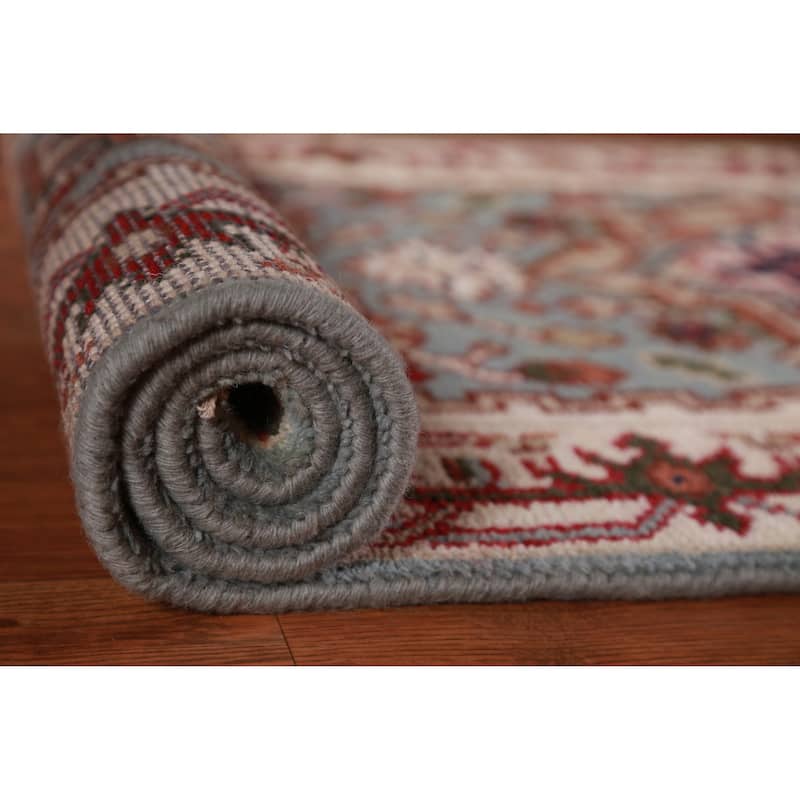 Hand Knotted Oriental 100% Wool Carpet Traditional Geometric Navy Blue & Blues Heriz (serapi) Runner Rug - 8' 2'' X 2' 6''