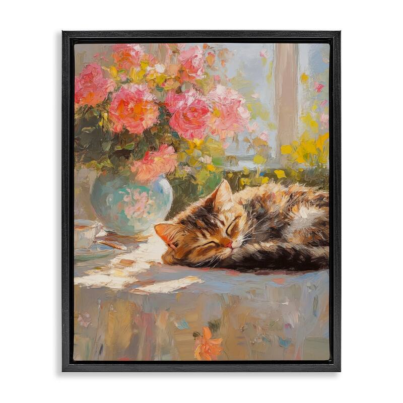 Stupell Sleeping Kitten & Flower Vase Framed Floater Canvas Wall Art Design By Nini Art - 17 x 21 - Black
