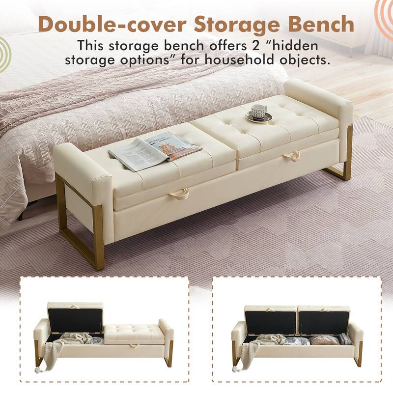 66" Storage Bench for Bedroom End of Bed with Double Lids and Gold Legs