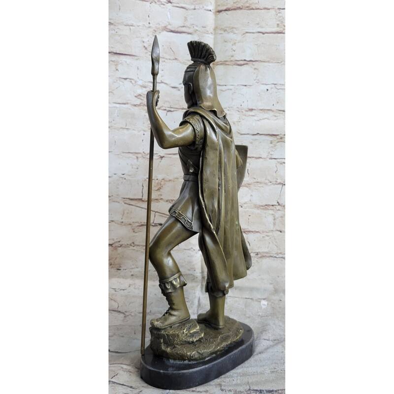Hand Crafted Roman Warrior W/ Sword And Spear Bronze Marble Sculpture Statue