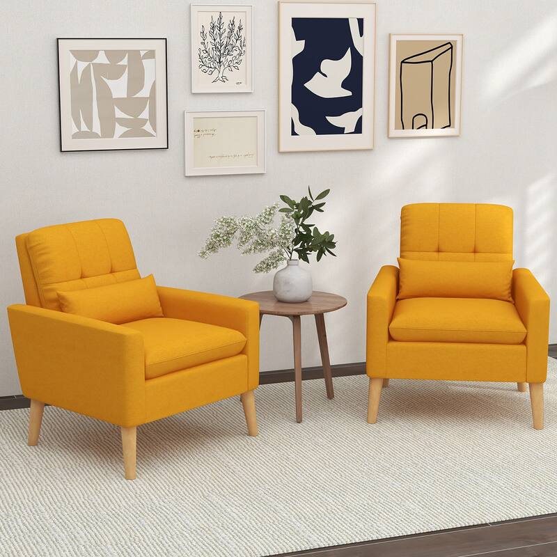 Gymax Mid-century Modern Accent Chair Linen Fabric Reading Armchair w/