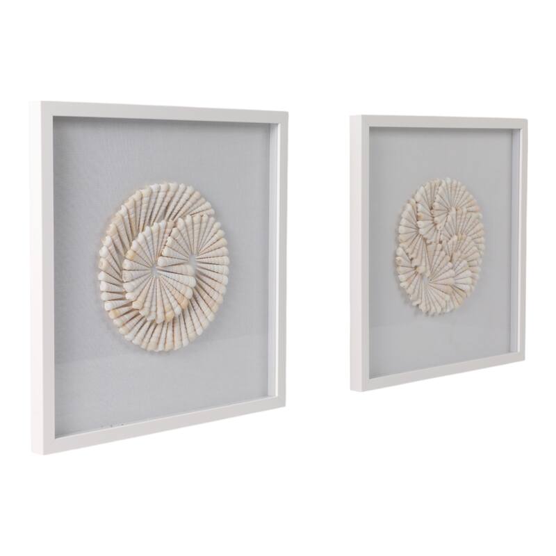 Shell Wood Frame Wall Art Coastal Spiral Design (Set of 2) - 20" Ivory