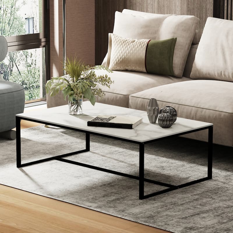 Frame Coffee Table Rectangular Cocktail Table Marble Metal Sofa Table - White