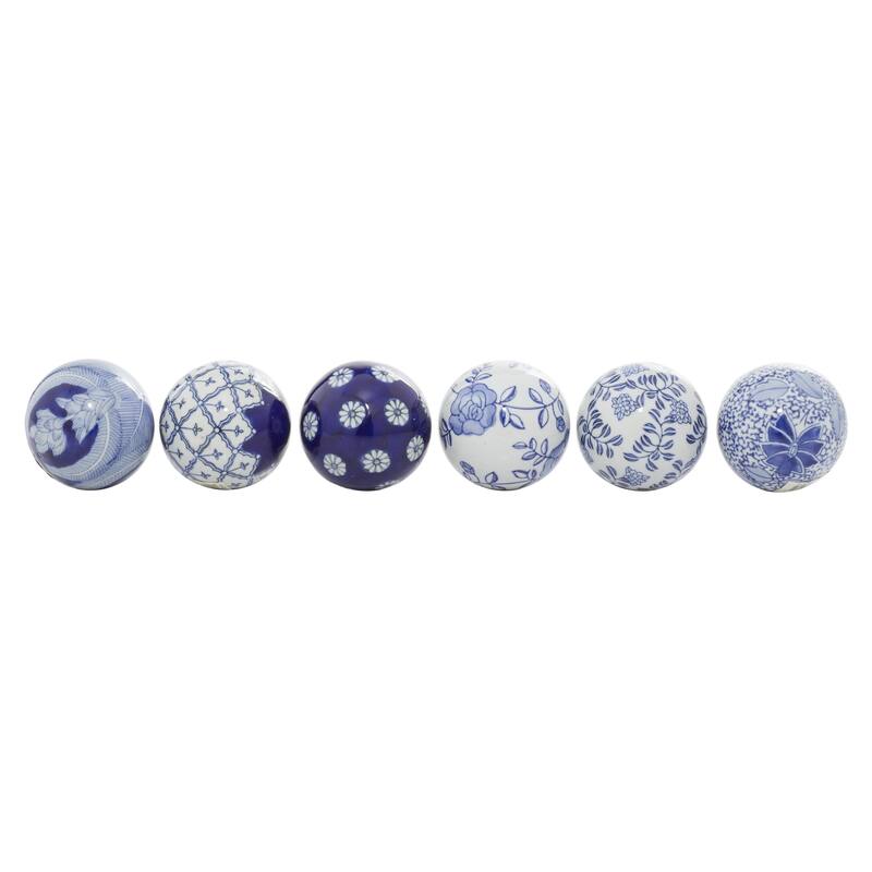 Ceramic Floral Handmade Glossy Decorative Orbs & Vase Filler with Varying Patterns - Set of 6 Black or Blue - Roche River Decor