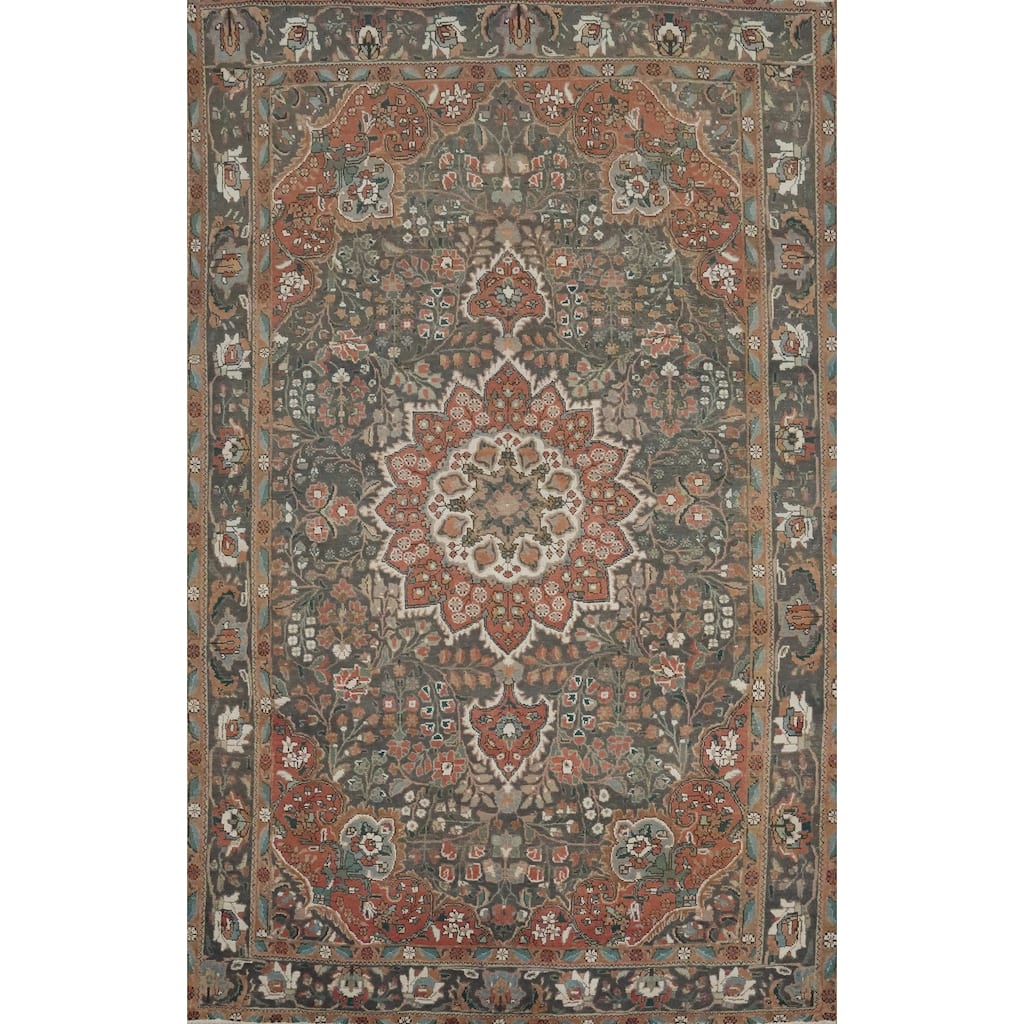 Hand Knotted Oriental 100% Wool Carpet Traditional Floral Greys & Charcoal Tabriz Area Rug - 9' 9'' X 6' 6''