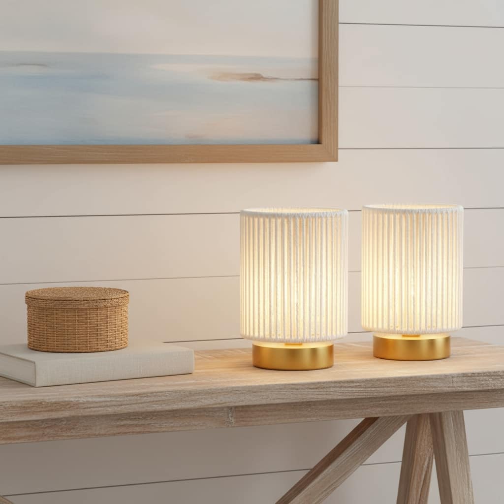 HomeRoots Set of Two 5" Off White Battery Operated Bedside Lamps With Rope Cylinder Shades - 7.00 in. x 4.50 in. x 4.50 in.