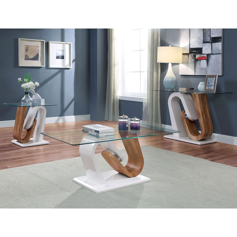 Tong Contemporary White and Natural 47-inch Glass Top 3-Piece Coffee Table Set by Furniture of America - White