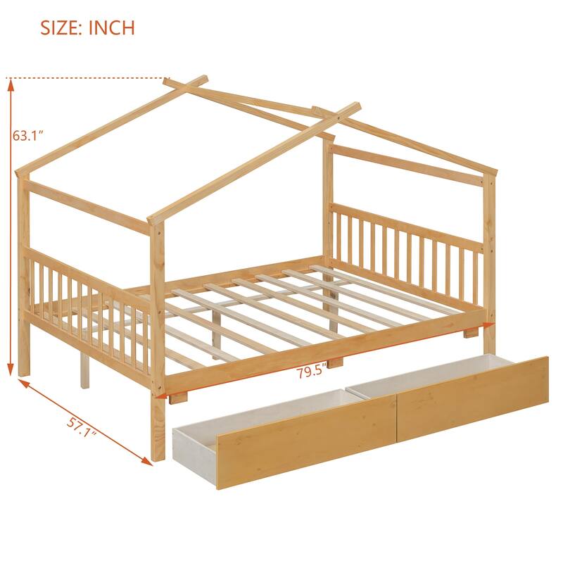 Twin/Full Size Wooden House Bed with Roof and 2 Drawers, Kids Platform Bed with Storage, Solid Pine Frame