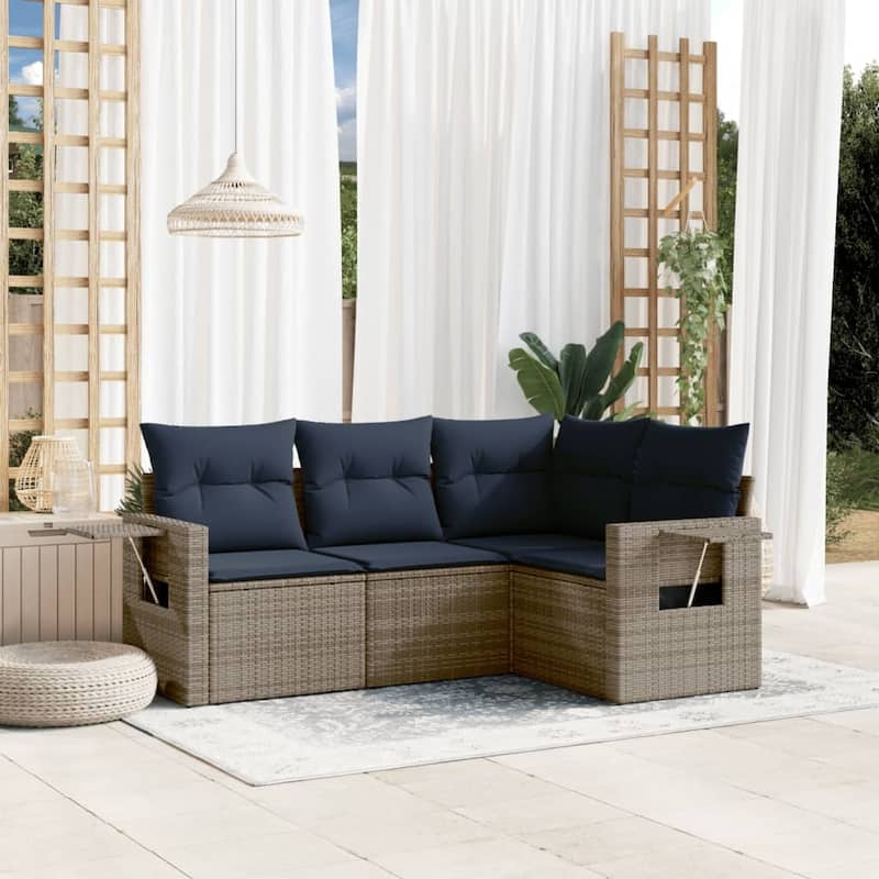 vidaXL Patio Sofa Set with Cushions Outdoor Conversation Furniture Poly Rattan - 24.4 x 24.4 x 27.2 - Grey and Blue-Without table