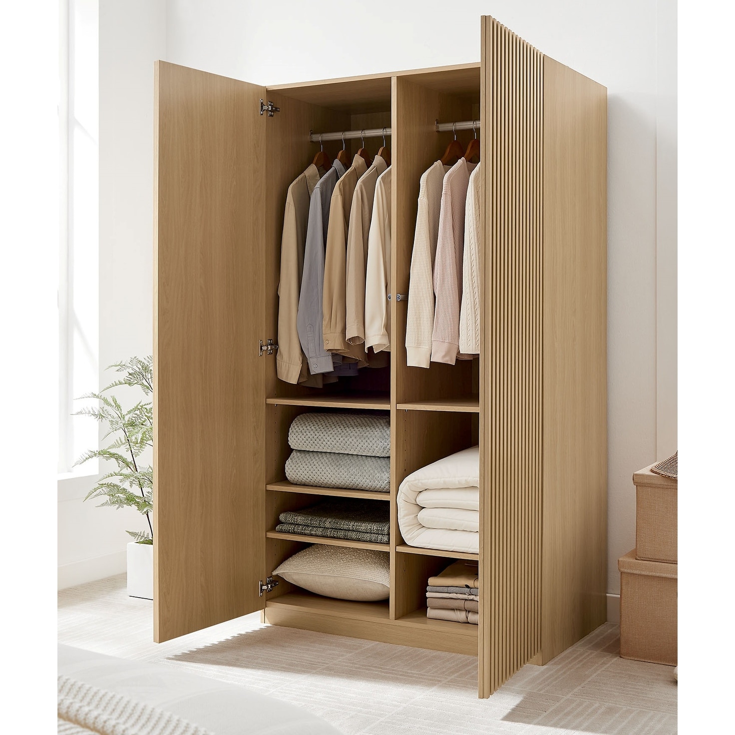 Vidalia Slatted 2-Door Oak Wooden Wardrobe Armoire - Bed Bath