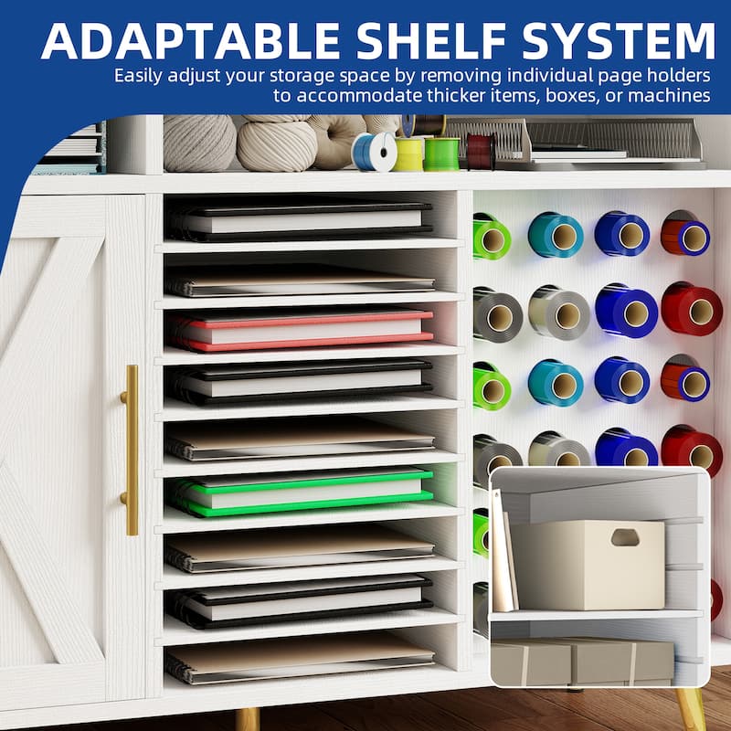 Moasis Craft Table with Storage Cabinet, USB Ports and AC Outlets, Crafting Organizer Compatible with Cricut Machine