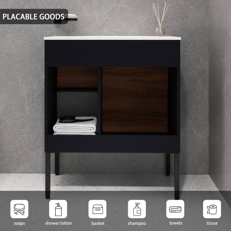 Dual-Purpose Bathroom Vanity with High-Quality Plywood Base, Gel Basin, and Soft-Close Drawers - 29.8in L