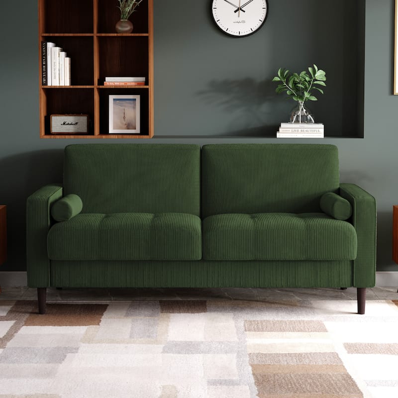 Modern Corduroy Upholstered 2 Seater Sofa with Bolster Pillows